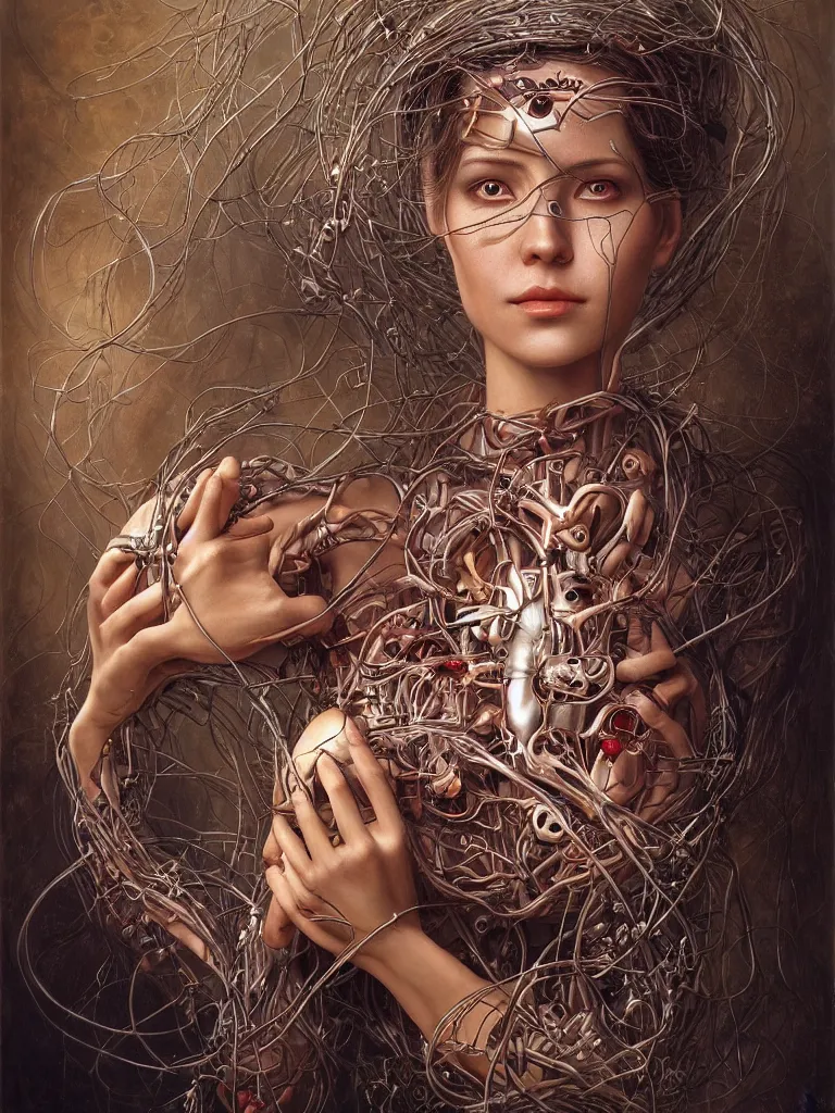 Image similar to portrait of a beautiful female android holding a realistic anatomical heart in her hands and crying, there are wires coming from her heart, tangled and entwined with her long flowing hair, mecha, steampunk, painting by James C. Christensen, by tomasz alen kopera