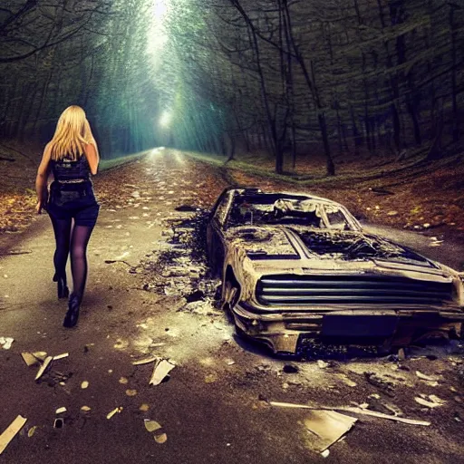 Image similar to beautiful blonde female cop walking through forest of crashed cars, wide shot, full perspective, curvy, mystery, fog, night time, starry skies.