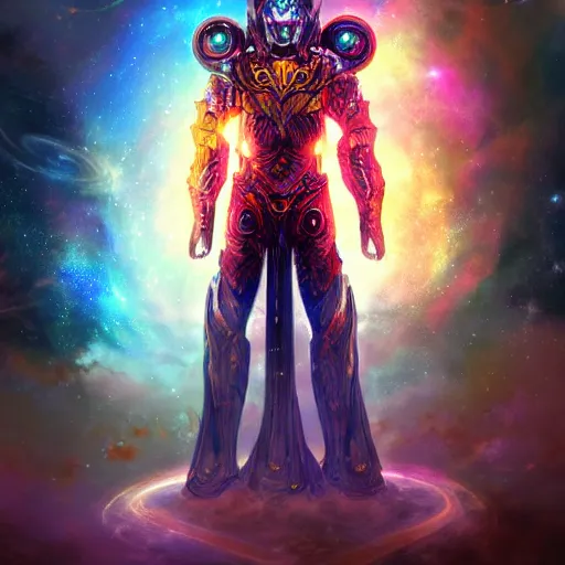 Image similar to photorealistic fantasy cosmic concept art of a cosmic god with armor made out of planets and dark matter, hovering in a unknown galaxy, fully body portrait, cinematic, dynamic lighting, ultra detailed, creative, trending on art station, stunning visuals, creative