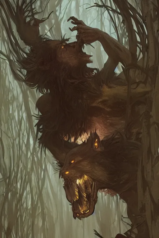 Image similar to a male werewolf devouring a severed human arm, blood, long claws, dark forest at night, by greg rutkowski and alphonse mucha, gradient brown to silver, highly detailed, digital painting, artstation, concept art, smooth, sharp focus illustration