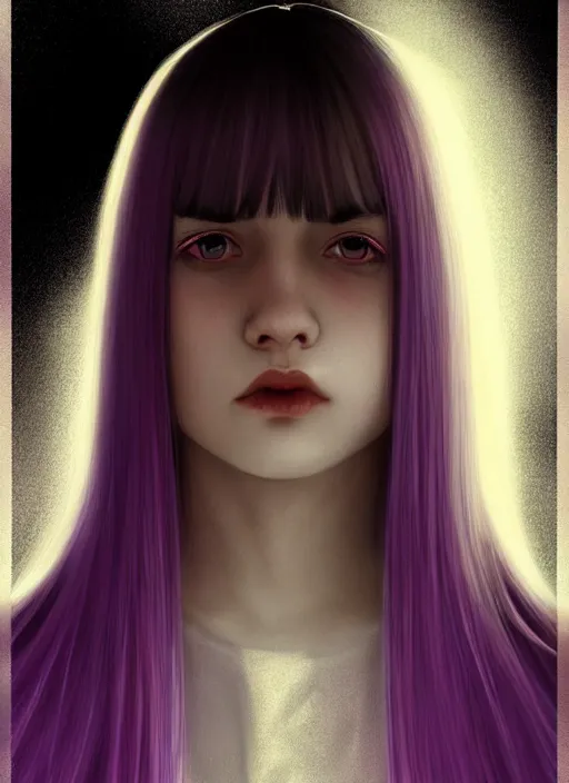 Image similar to hair whitebangs hair, black hair, whitebangs, portrait of teenage girl with white bangs, red irises, purple clothes, white bangs, bangs are different color from hair, intricate, elegant, glowing lights, highly detailed, digital painting, artstation, concept art, smooth, sharp focus, illustration, art by wlop, mars ravelo and greg rutkowski