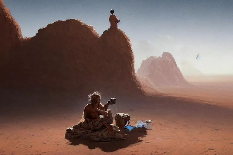 Image similar to a highly detailed epic cinematic concept art CG render digital painting artwork: lonely wanderer in desert, sitting on a lap. By Greg Rutkowski, in the style of Francis Bacon and Syd Mead and Norman Rockwell and Beksinski, open ceiling, highly detailed, painted by Francis Bacon and Edward Hopper, painted by James Gilleard, surrealism, airbrush, Ilya Kuvshinov, WLOP, Stanley Artgerm, very coherent, triadic color scheme, art by Takato Yamamoto and James Jean