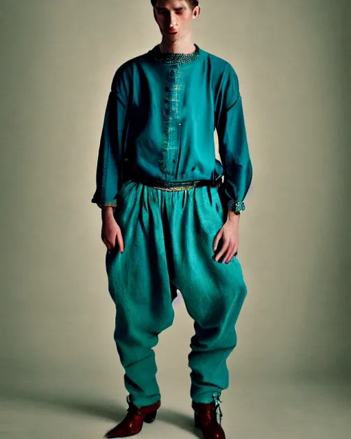 Prompt: a blurry but detailed photo of a ancient male model wearing a teal boot cut flared distressed medieval designer menswear trousers designed by kapital, 4 k, studio lighting, wide angle lens, 2 0 0 4