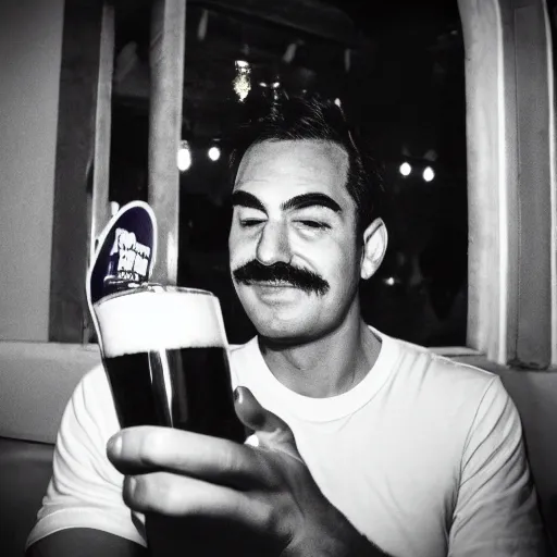 Image similar to Mario drunk and drinking beer in a bar at night, photography