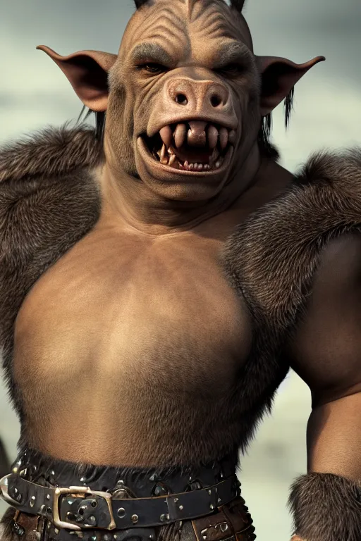 Image similar to A full body shot of a handsome orc-((pig)) looking into the camera wearing a leather fur jacket and boots, full body shot, detailed face, portrait, artstation, realistic, highly detailed, symmetrical, D&D, Dungeons & Dragons, hyper realistic, dynamic pose, high detail, octane render, unreal engine, 8k, fantasy art, highly detailed, concept art