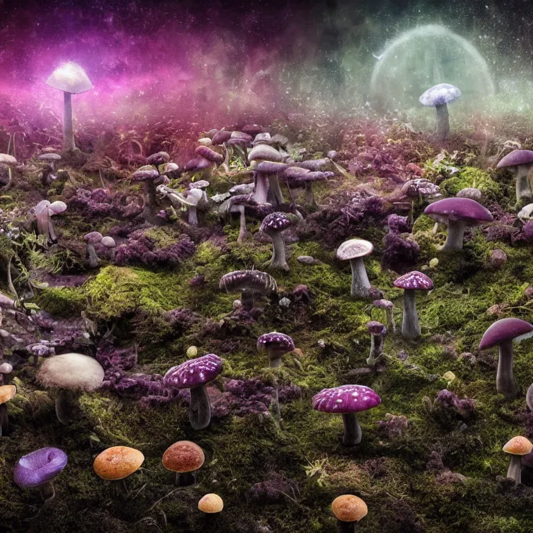 Image similar to a planet of various fungus, mushrooms and plants, inside the picture is infinity, Atmospheric phenomenon, artistic photography, muted colors, conceptual, long exposure outside the city, volumetric light