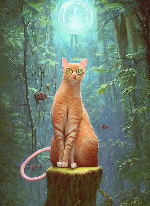 Image similar to a hyper realistic cat god with happy lighting and technology jewelry in the woods gorgeous lighting, sunbeams blue sky, lush forest foliage painting by chiara bautista and beksinski and norman rockwell and greg rutkowski weta studio, and lucasfilm