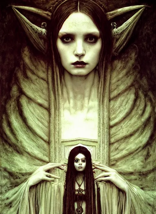 Image similar to masterpiece portrait enchanting gothic witch girl, by h. r. giger, edmund leighton, rural decay background by zdizslaw beksinski, james jean, 8 k, elegant ceremonial robe details by gustave klimt, occult, volumetric lighting, porcelain skin, cinematic, high detail, hyper photorealism, low angle, trending on pixiv