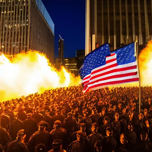 Prompt: 4 k hdr sony a 7 wide angle photo of soldiers waving hundreds of bitcoin flags at a protest of thousands of people surrounding federal reserve building with us dollars burning in a pile and flying everywhere