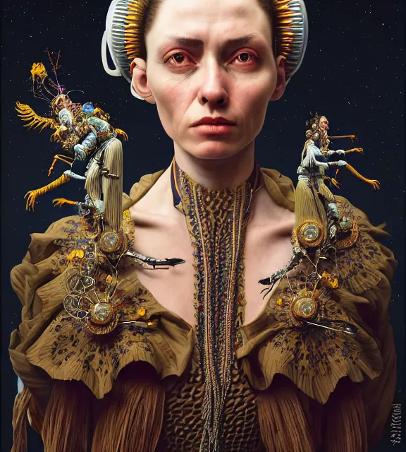 Image similar to colour caravaggio style photography of highly detailed beautiful woman with 1 0 0 0 years perfect face and wearing detailed ukrainian folk costume designed by taras shevchenko also wearing highly detailed retrofuturistic sci - fi neural interface designed by josan gonzalez. many details in style of josan gonzalez and mike winkelmann and andgreg rutkowski and alphonse muchaand