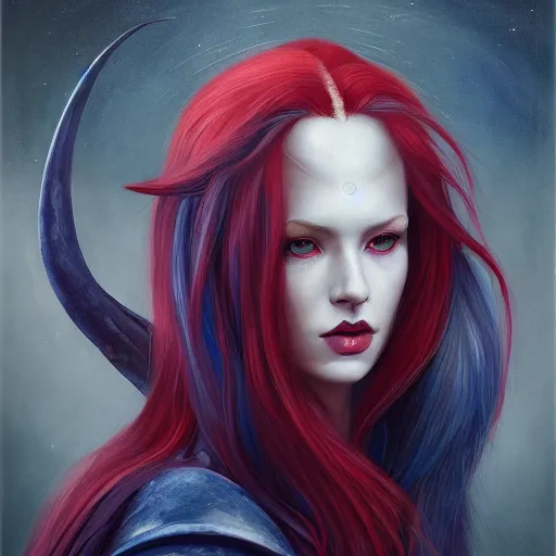 Prompt: A detailed matte oil on canvas head on symmetrical portrait of a distinguished elven woman with red and blue hair on an empty background, by Charlie bowater, Lise Deharme, Wlop, trending on artstationhd, dungeons and dragons art, parted hair , half blue, half red , split dye, critical role