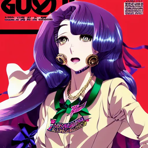 Image similar to Magazine Cover Anime key visual of a Gucci girl; official media; typography; drawn by Hirohiko Araki; Jojo's Bizarre Adventure; Jojolion, portrait, made by Stanley Artgerm Lau, WLOP, Rossdraws, James Jean, Andrei Riabovitchev, Marc Simonetti, Yoshitaka Amano, ArtStation