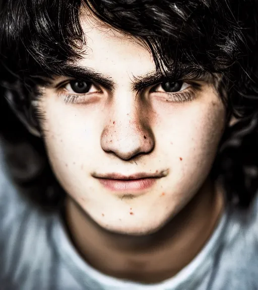 Prompt: an 8 5 mm professional portrait of nico di angelo, a young teenage boy with pale olive skin, black sullen eyes, long black hair, a reluctant smile, detailed professional photography, night lighting, defiant, ghosts theme, volumetric lighting