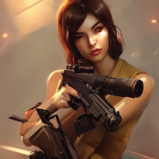 Image similar to beautiful woman with a gun, artstation, wlop, highly detailed