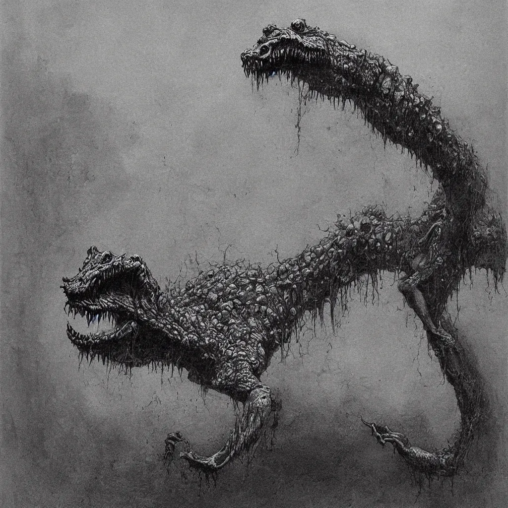 Prompt: horrifying crocodile creature, necromorph, in the style of zdislaw beksinski