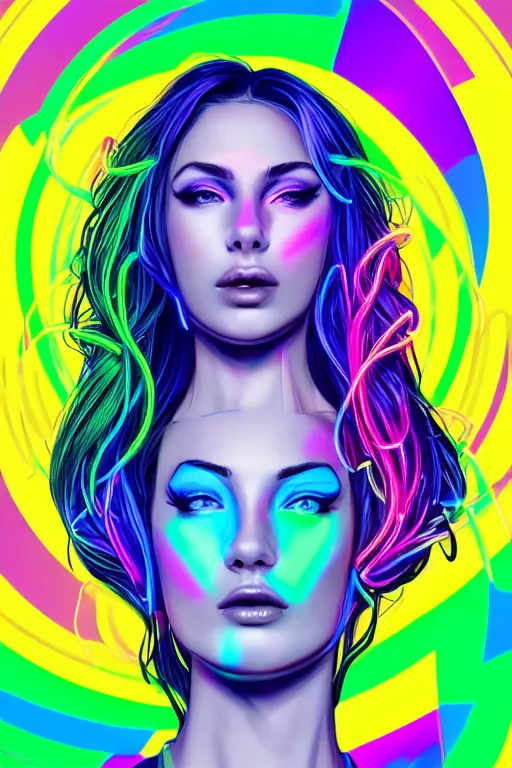 Image similar to a award winning half body portrait of a beautiful woman with stunning eyes in a croptop and cargo pants with rainbow colored hair, routlined by whirling illuminated neon lines, fine rainbow colored lines swirling in circles, outrun, vaporware, shaded flat illustration, halftone, digital art, trending on artstation, highly detailed, fine detail, intricate