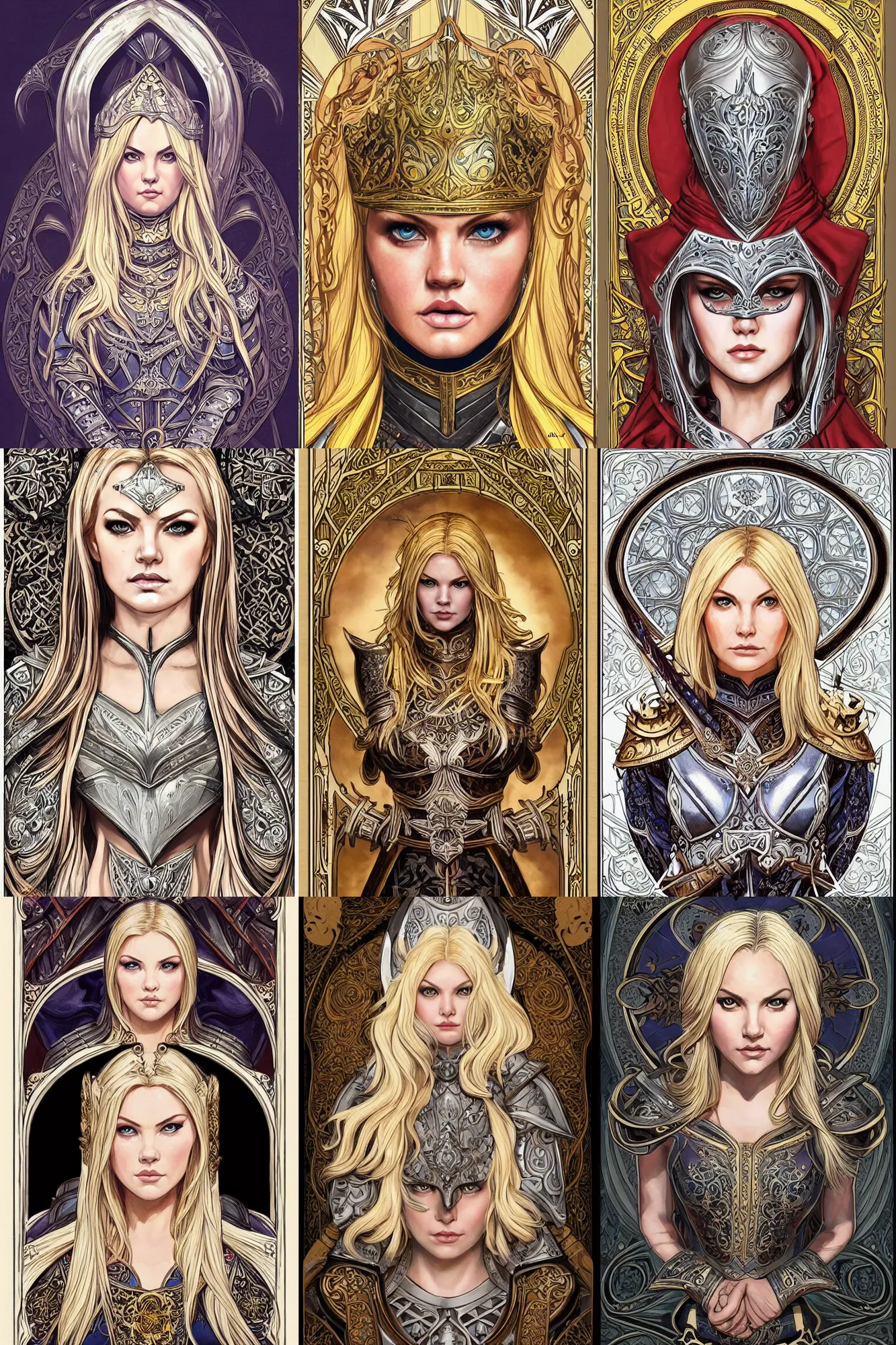 Prompt: head-on symmetrical centered painted portrait, Elisha Cuthbert as a paladin, blonde hair, ornate heavy plate armour, art nouveau, tarot card style, medieval robes, fantasy, intricate, elegant, highly detailed, smooth, sharp focus, illustration, artstation, in the style of Ross Tran and by Jesper Ejsing and by Artgerm and by Anna Podedworna and by Mikalojus Konstantinas Ciurlionis and by Mucha