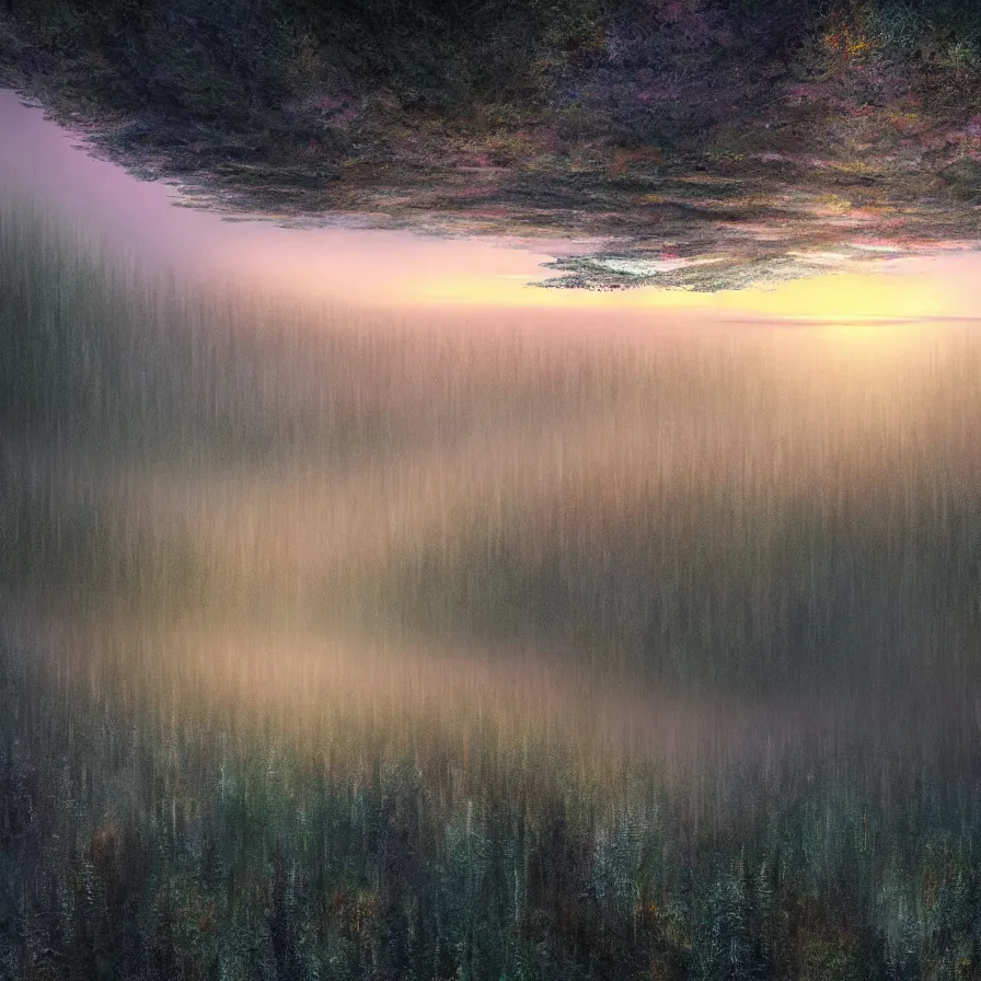 Image similar to surrealist semiabstract rendition of a single epic highway road going down to the horizon through a thick pine forests and rocky mountain coasts plunging into an immense sunset. bird view, atmospheric foggy landscape, psychedelic, ultra realistic, modern art, photorealistic, octane render, by nori inoguchi and sam kaplan and zachary goulko and christopher marley