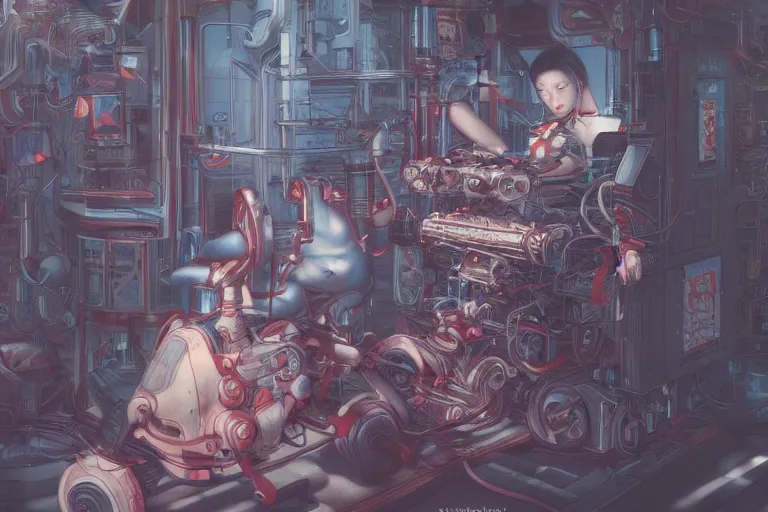 Image similar to hyperrealistic photography of a machine entering a female host in the style of Jin Kagetsu, James Jean and wlop, highly detailed, sharp focus, vivid colors, intricate concept art, digital painting, ambient lighting, 4k, artstation