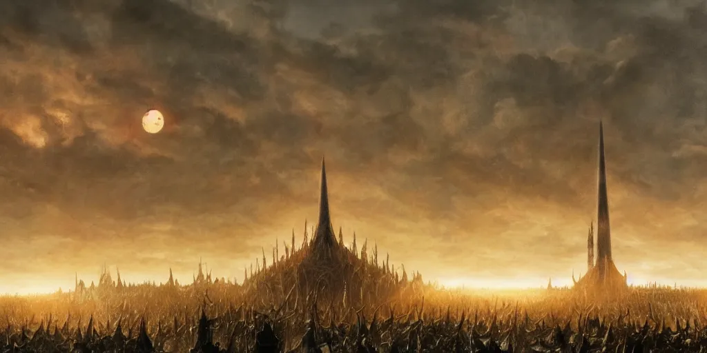 Image similar to Sauron in the foreground with his troops in the background in the evening, detailed matte painting, cinematic, Alan Lee, Artstation