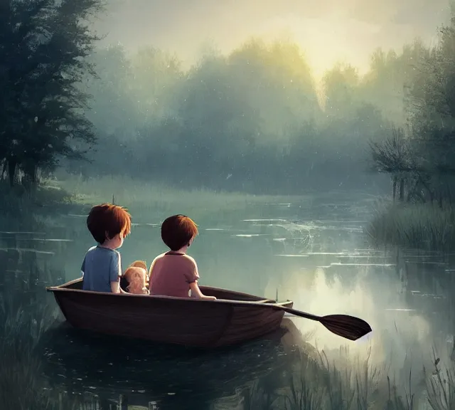 Image similar to a boy and a girl with long flowing auburn hair sitting together on the rowboat. Boy has black short hair, boy has black short hair. Atmospheric lighting, long shot, romantic, boy and girl are the focus, trees, river. details, sharp focus, illustration, by Jordan Grimmer and greg rutkowski, Trending artstation, pixiv, digital art