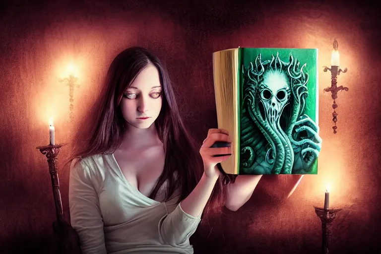 Image similar to romantic photo of bright girl, her cat and her book of necronomicon, symmetrical, cinematic, real dlsr photography, sharp focus, 4 k, ultra hd, sense of awe, sinister demonic atmosphere, dreadful, forbidden knowledge, old gods, cthulhu, yog - sothoth! yah, yah, yah! cultist journal cover