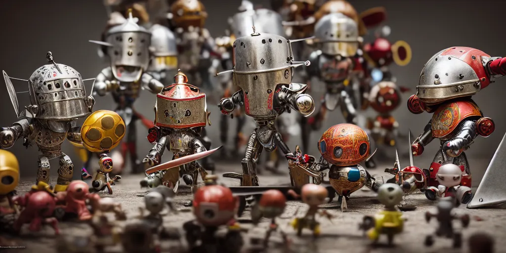 Image similar to closeup portrait of tin toy medieval knights fighting robots on white paper table in an artist workshop, depth of field, zeiss lens, detailed, centered, fashion photoshoot, by nicoletta ceccoli, mark ryden, lostfish, breathtaking, 8 k resolution, extremely detailed, beautiful, establishing shot, artistic, hyperrealistic, octane render