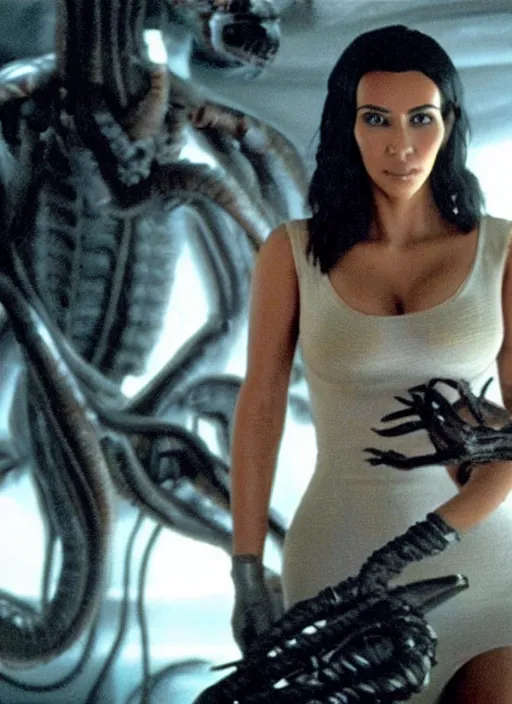 Image similar to movie still of kim kardashian wearing alien facehugger mask, in the movie alien. cinematic full shot.