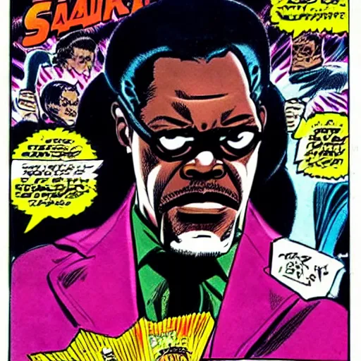 Image similar to Samuel L. Jackson as Tony Stark, comic book cover, art by Steve Ditko.