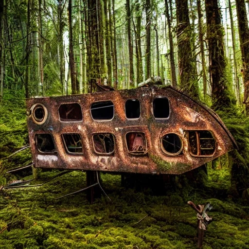 Image similar to derelict spaceship in a Forrest, hyper detailed, overgrown with moss, rusty metal, wildlife, daytime