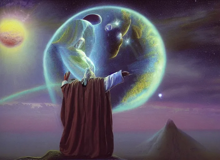 Prompt: A shaman holding up the universe, by Tim White, reflection, symbolist, soft colors, dramatic lighting, smooth, sharp focus, extremely detailed, aesthetically pleasing composition