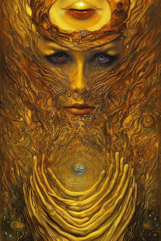 Image similar to Visions of Hell by Karol Bak, Jean Deville, Gustav Klimt, and Vincent Van Gogh, visionary, otherworldly, fractal structures, ornate gilded medieval icon, third eye, spirals