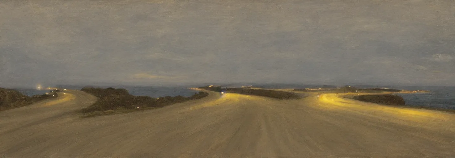 Prompt: the long and winding road by the sea at night by john christopher maxwell pratt,