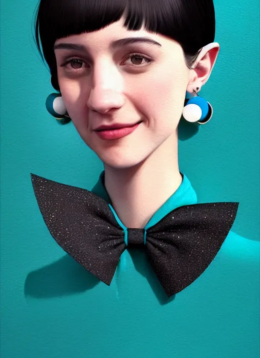 Image similar to portrait of high school girl, realistic, black hair, bangs, half updo hairstyle, pointy nose, skinny, smile, ugly, defined jawline, big chin, teal hair bow, earrings, intricate, elegant, glowing lights, highly detailed, digital painting, artstation, sharp focus, illustration, art by wlop, mars ravelo and greg rutkowski