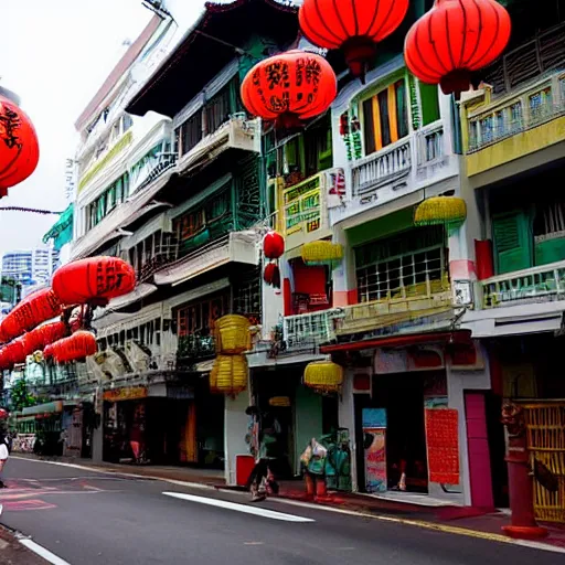 Prompt: a street in chinatown, singapore, by moebius