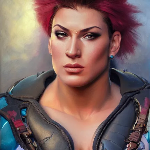 Image similar to detailed portrait of zarya from overwatch, intricate, hyper detailed, realistic, oil painting, by julie bell, frank frazetta, cinematic lighting