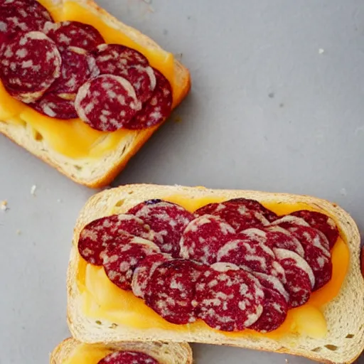 Image similar to a piece of bread with salami, cheese on top