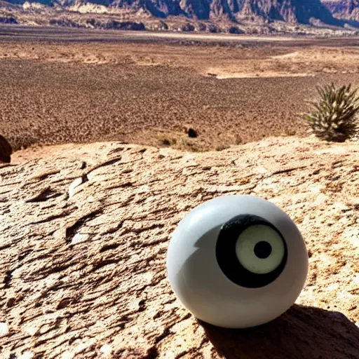 Image similar to a smooth stone that has 2 googly eyes. on a desert cliff with a blurry background.