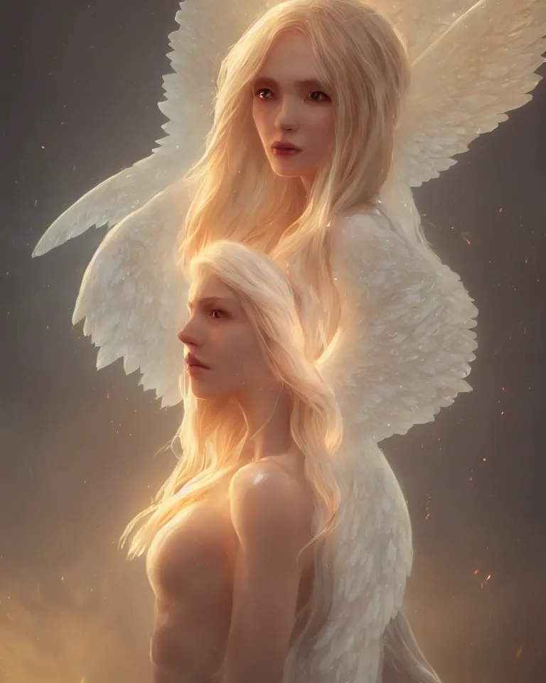 Prompt: portrait of a blonde fantasy goddess, white elegant clothing, glowing aura, angel wings, artstation, 4 k, greg rutkowski, concept art, matte painting