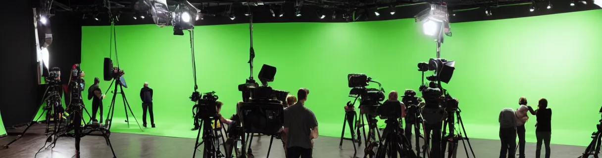 Prompt: photo of a movie set with a big bright green screen, film crew, actors, cameras, studio, movie set, realistic, studio lighting