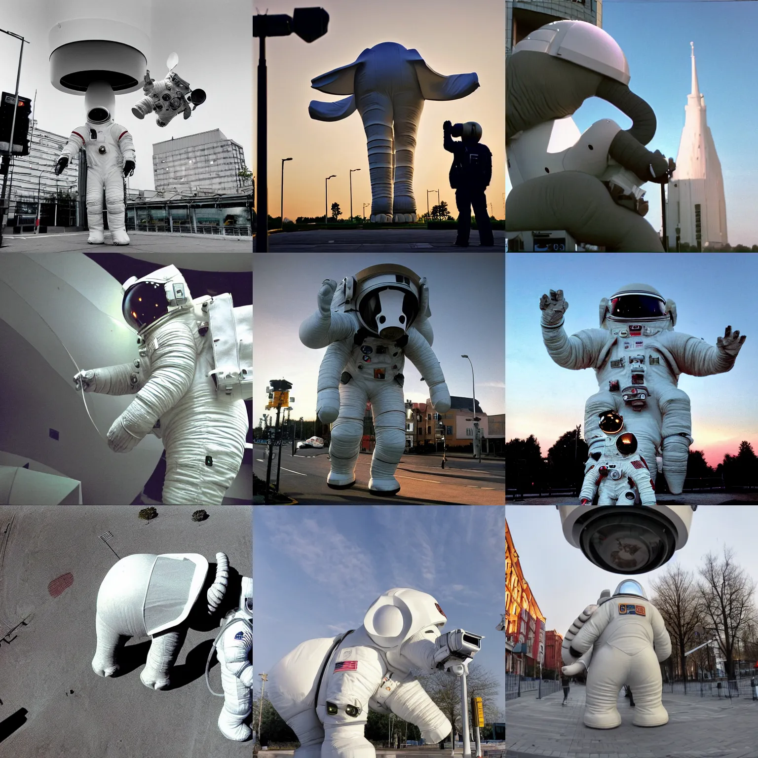 Prompt: giant elephant wearing white custom made american spacesuit with oversized giant helmet as astronaut animal, in legnica, sunrise, cctv camera footage