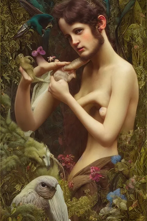 Prompt: young bill murray explaining the birds and the bees by Tom Bagshaw in the style of a modern Gaston Bussière, art nouveau, art deco, surrealism. Extremely lush detail. Melancholic scene. Perfect composition and lighting. Profoundly surreal. High-contrast lush surrealistic photorealism. mischievous expression on his face.