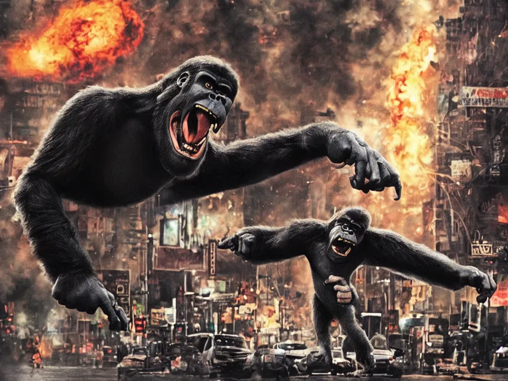 Image similar to An king Kong rage on street, Hollywood scene , cinematic , 2012, end of the world movie , full color