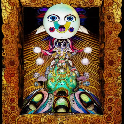 Prompt: the queen of the sun by takashi murakami and h.r. giger, full body, oil on canvas, intricately detailed artwork, full 8k high quality resolution, recently just found unknown masterpiece