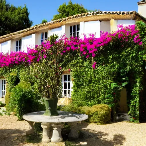 Prompt: ile de re house with a garden full of tremiere rose, four stores, white walls, orange roof