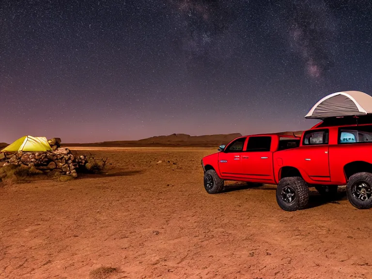 Image similar to dodge ram red power wagon with a roof top tent camping on dry lake night, long exposure, milky way, award winning, cinematic