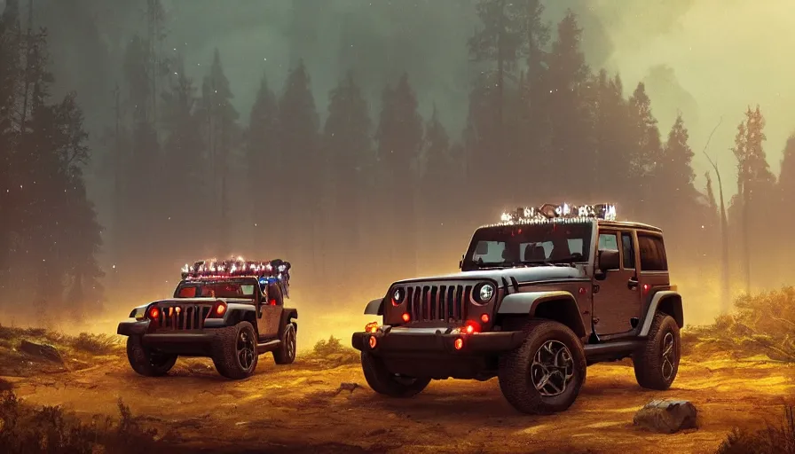 Image similar to single jeep wrangler, tribe members watching nearby, an epic fantasy, dramatic lighting, cinematic, establishing shot, extremely high detail, photorealistic, cinematic lighting, artstation, by simon stalenhag, horizon forbidden west