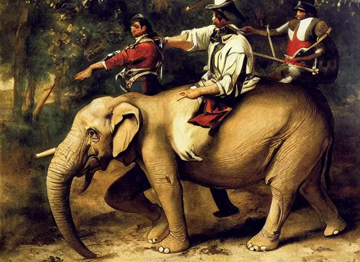 Prompt: romanticism painting of hannibal riding an elephant during the french revolution, by eugene delacroix