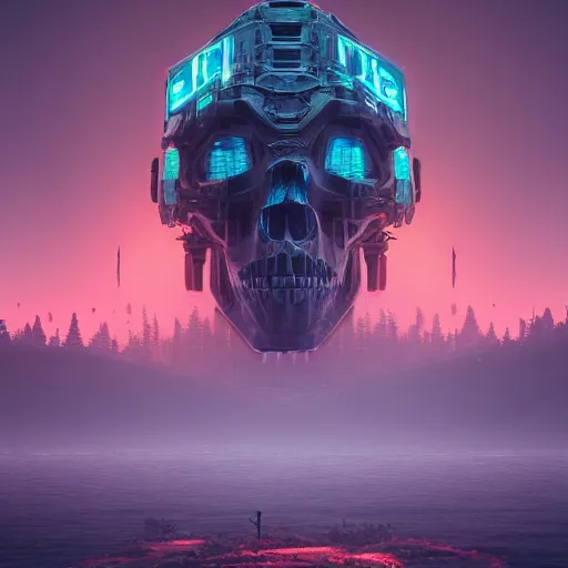 Prompt: beautiful dark bloody flooded landscape, giant robot human skull gears, in the style of beeple and Mike Winkelmann, photo real, ultra realistic, intricate, epic lighting, 8k resolution, unreal engine 5, ultraviolet colors,