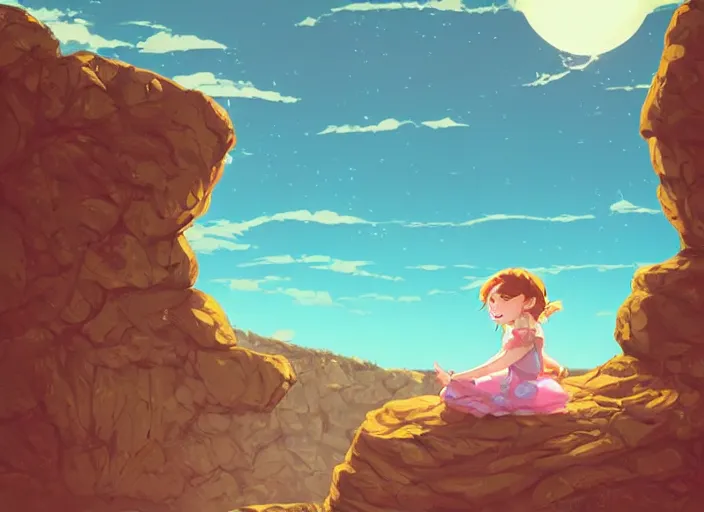 Image similar to little girl with short wavy curly light brown hair sitting on a rock. background pink and blue sunrise sky. clean cel shaded vector art. shutterstock. behance hd by lois van baarle, artgerm, helen huang, by makoto shinkai and ilya kuvshinov, rossdraws, illustration, art by ilya kuvshinov